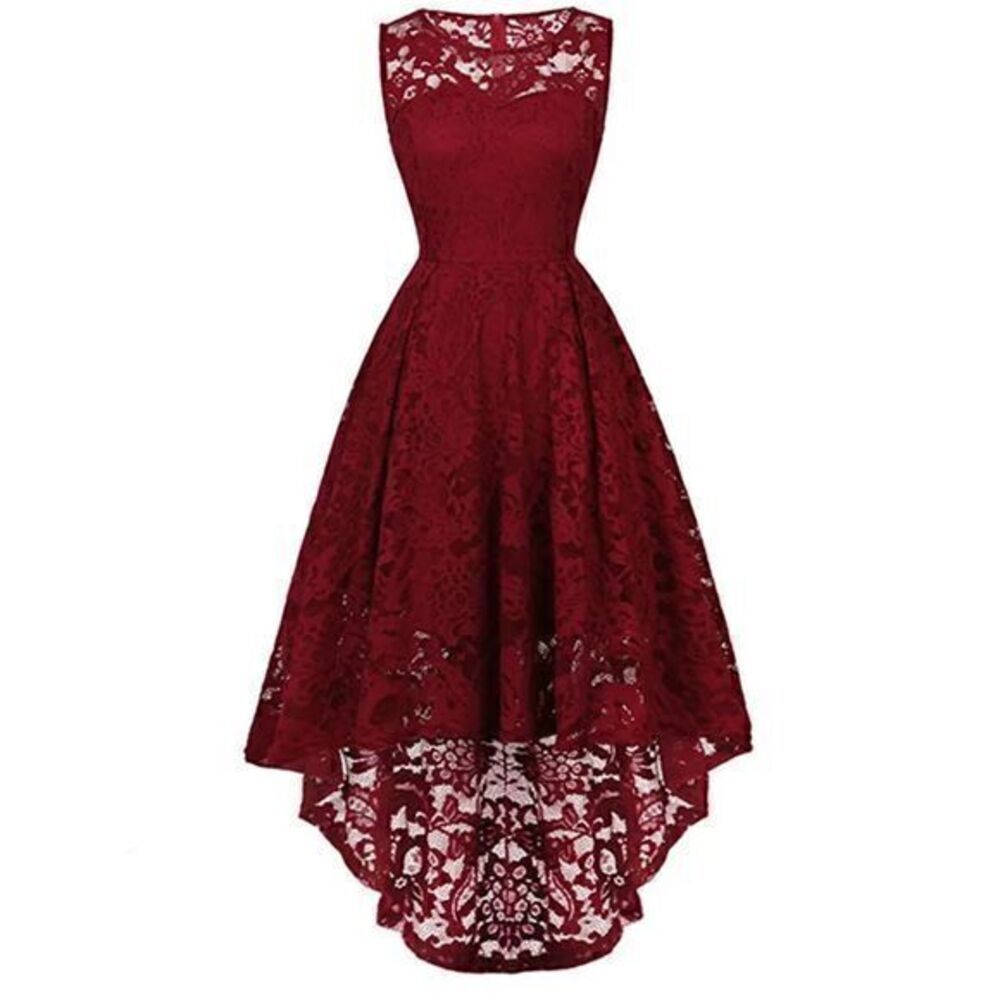 Burgundy Floral Lace  Sleeveless High Low Asymmetrical Maxi Dress S